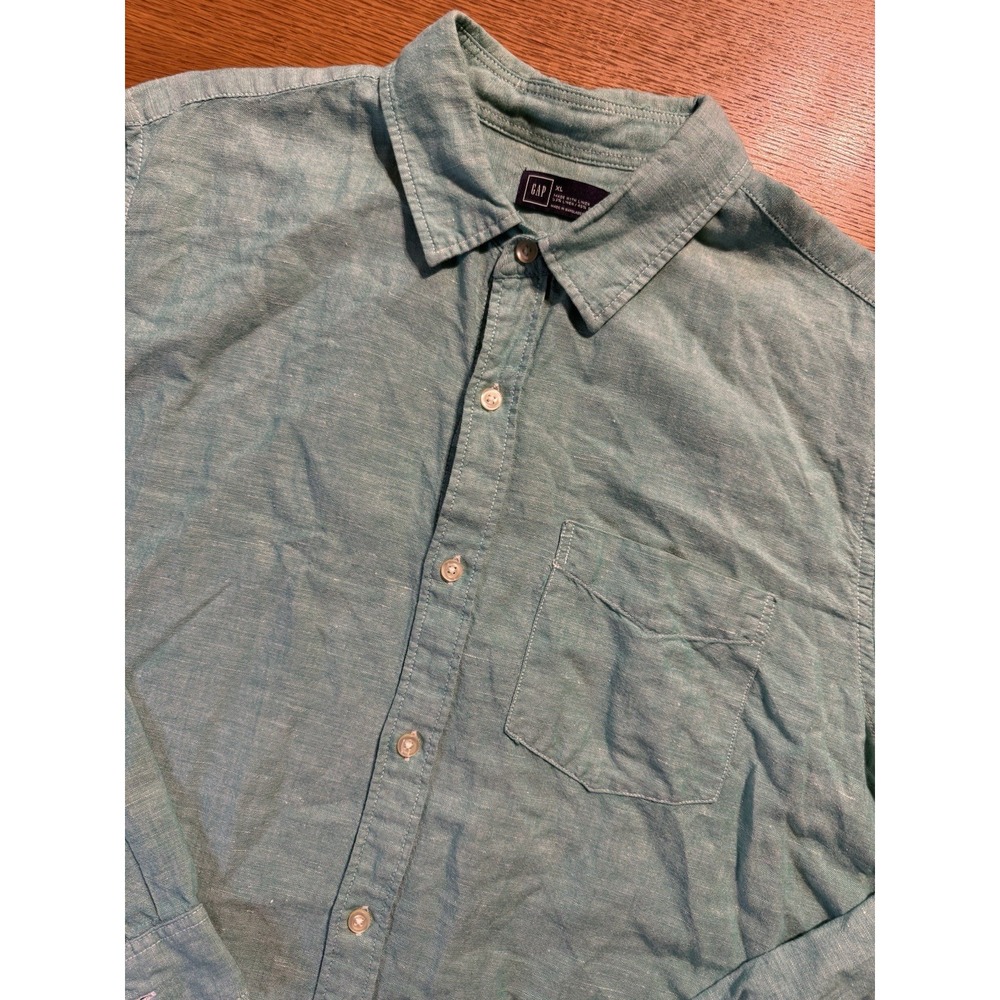 Gap Linen Blend Button Up Shirt Mens XL Turquoise Green Lightweight Summer Beach